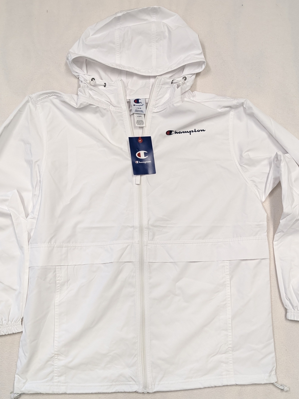 Champion Mens White Hooded Nylon Windbreaker Full Zip Jacket NWT Size L